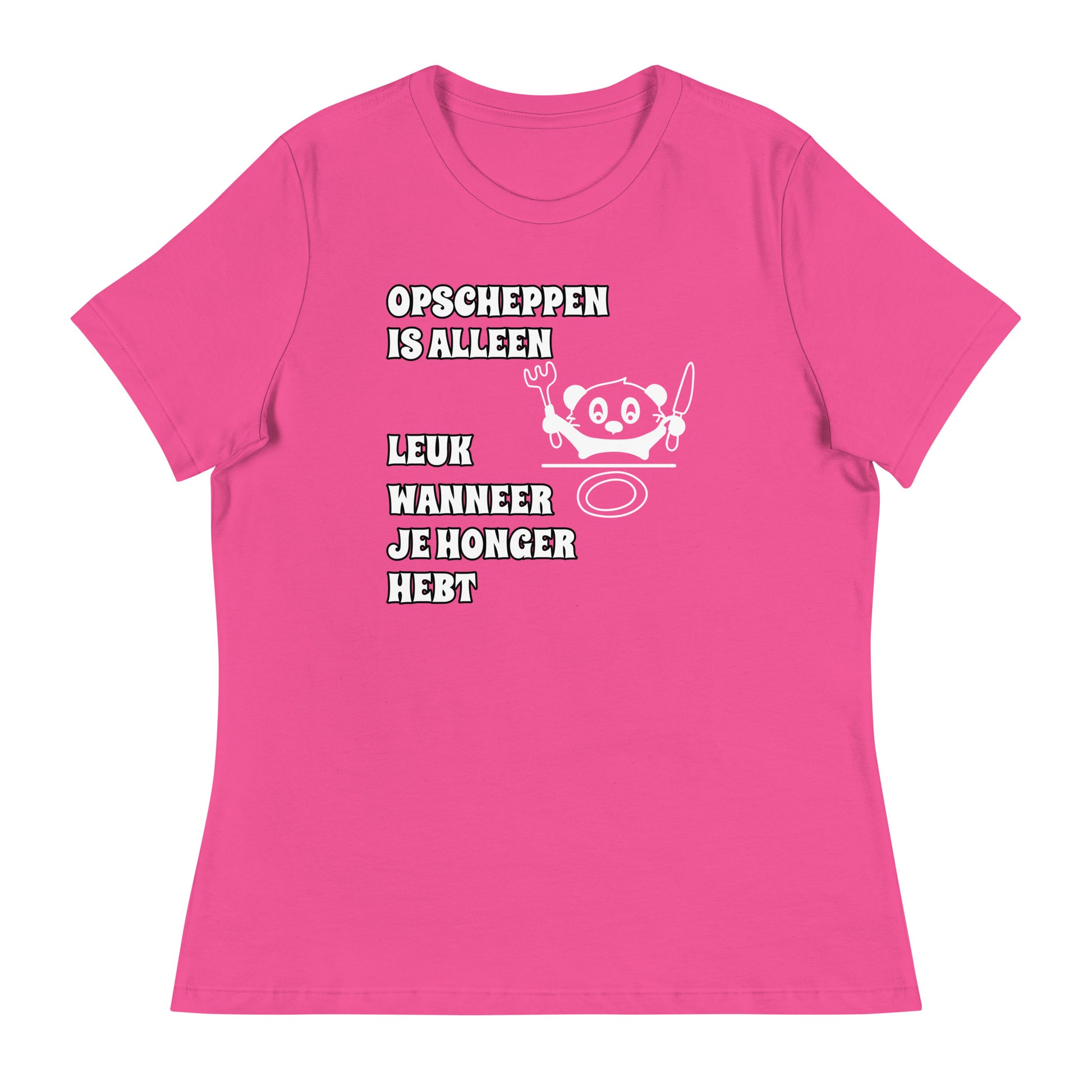 roze T-shirt met tekst  “opscheppen is alleen leuk wanneer je honger hebt” 