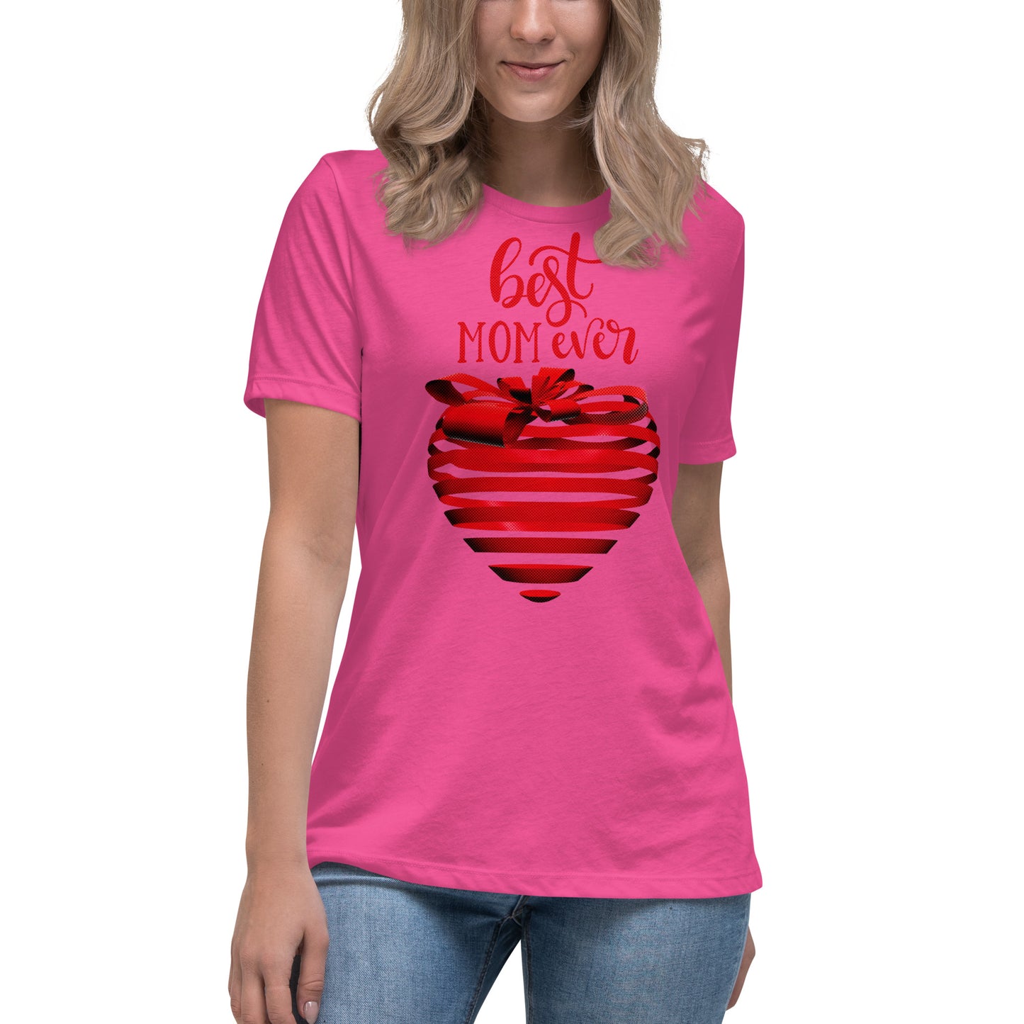 Women with berry T-shirt with red text best MOM Ever and red heart