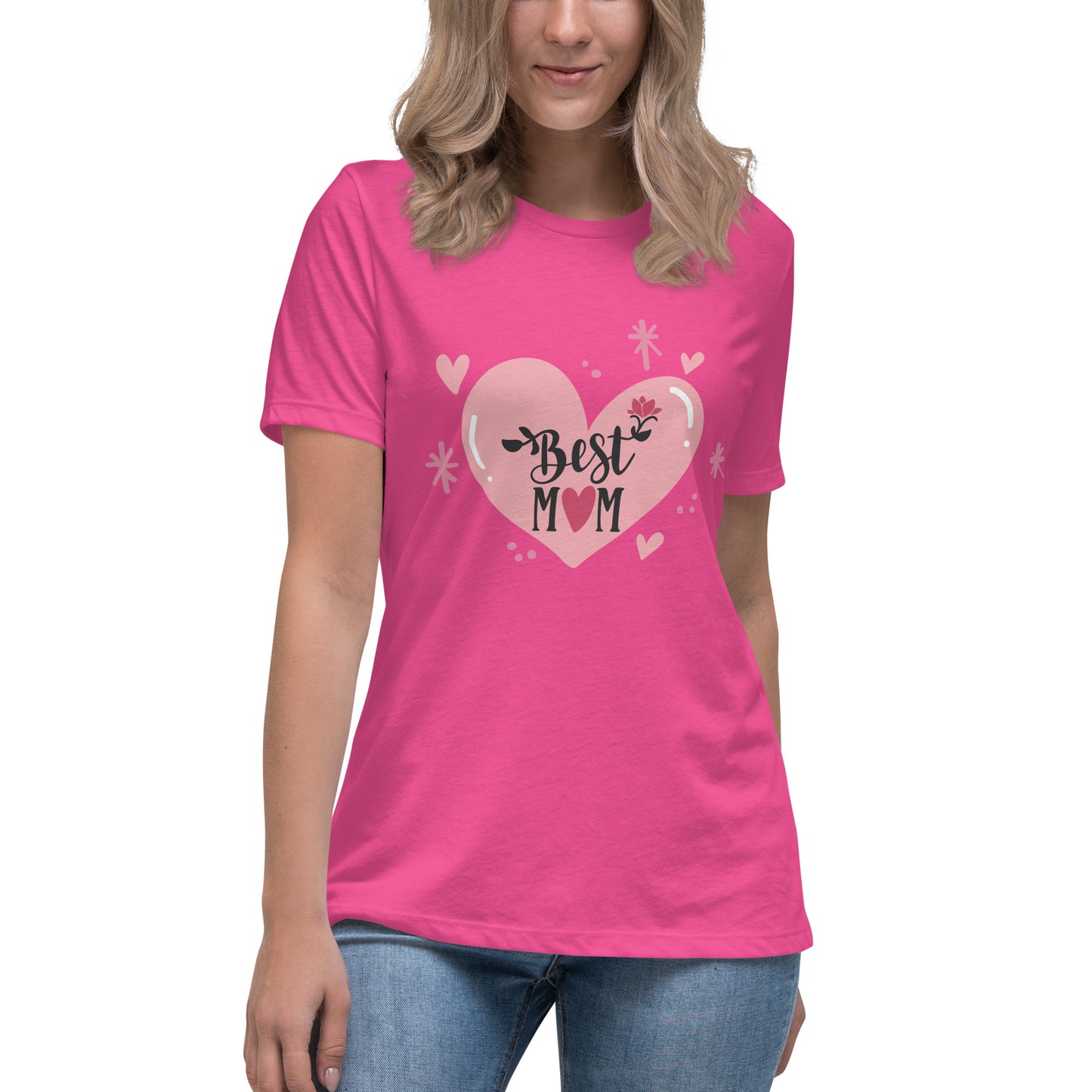 Women with berry t shirt with hart and text best MOM