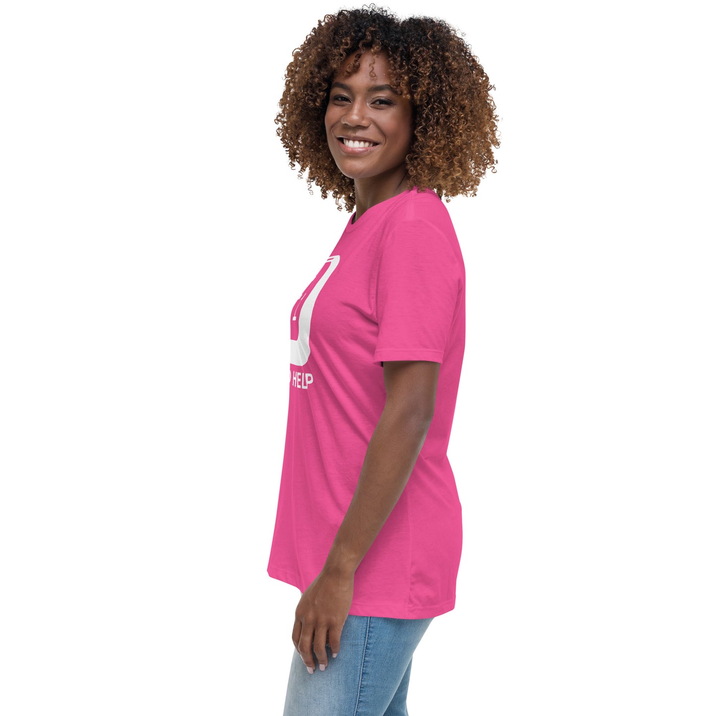 Woman with berry t-shirt with picture of "F1" key and text "I need help"