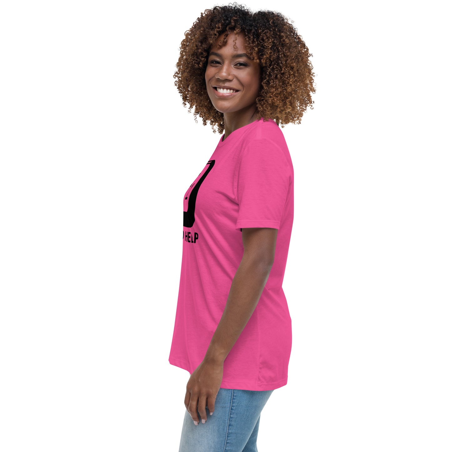 Woman with berry t-shirt with picture of "F1" key and text "I need help"