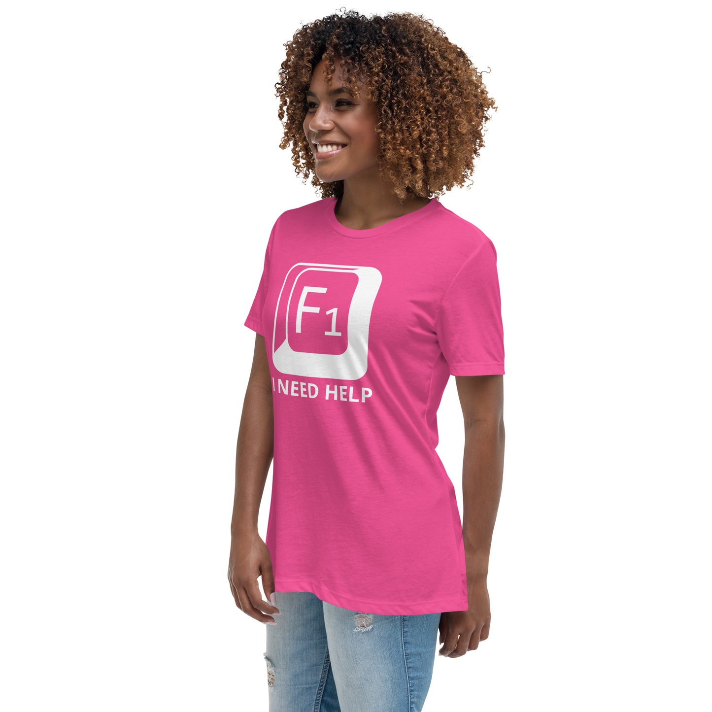Woman with berry t-shirt with picture of "F1" key and text "I need help"