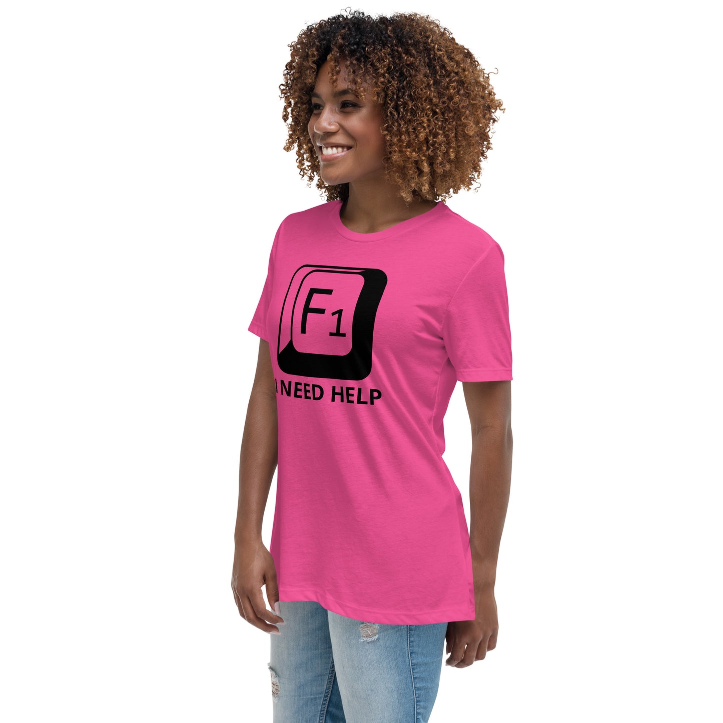 Woman with berry t-shirt with picture of "F1" key and text "I need help"