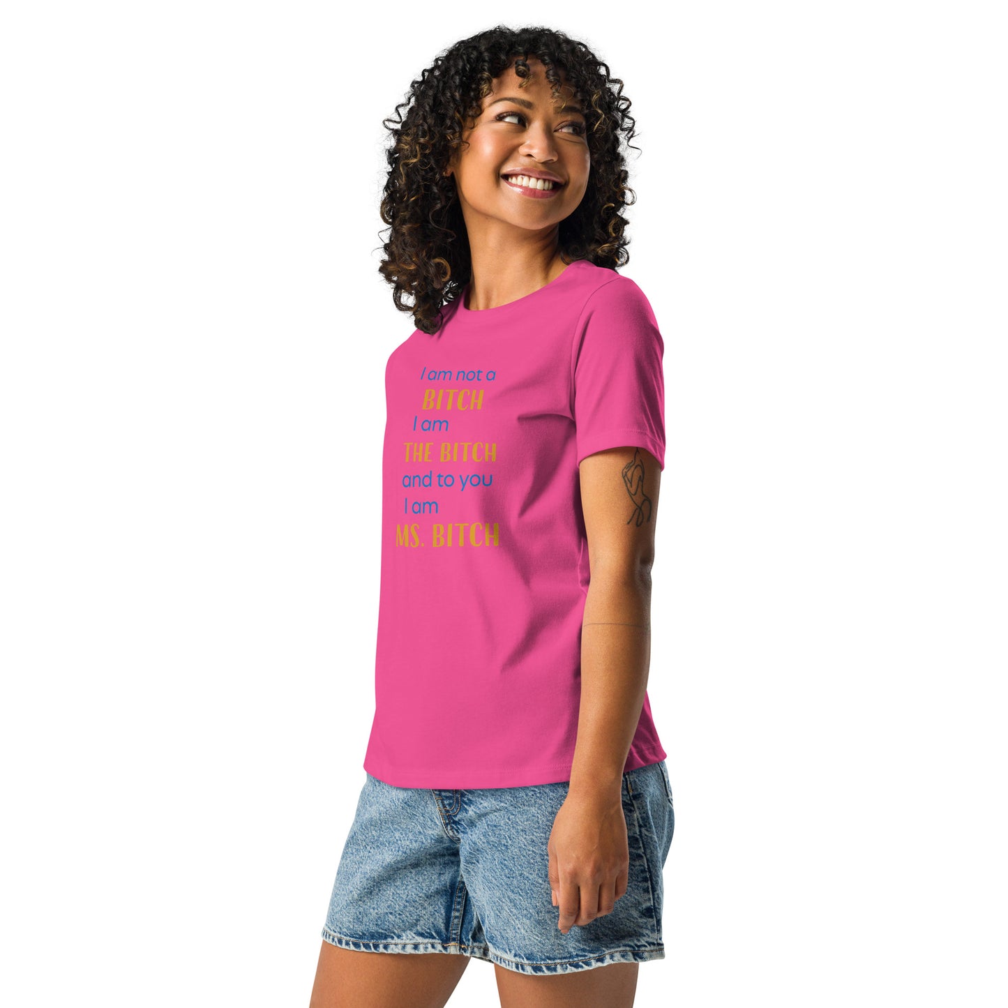 Women with berry t-shirt with the text "to you I'm MS bitch"