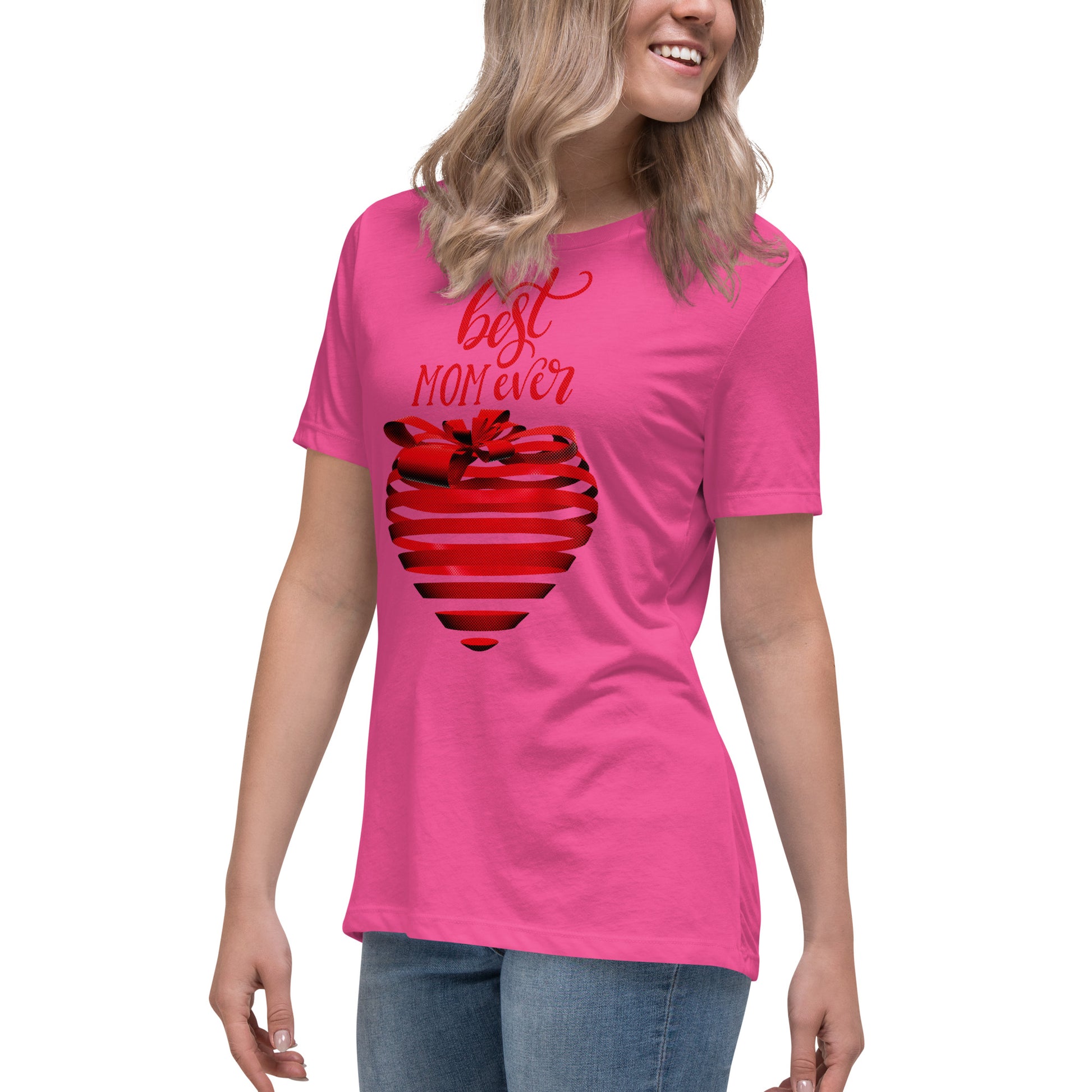 Women with berry T-shirt with red text best MOM Ever and red heart