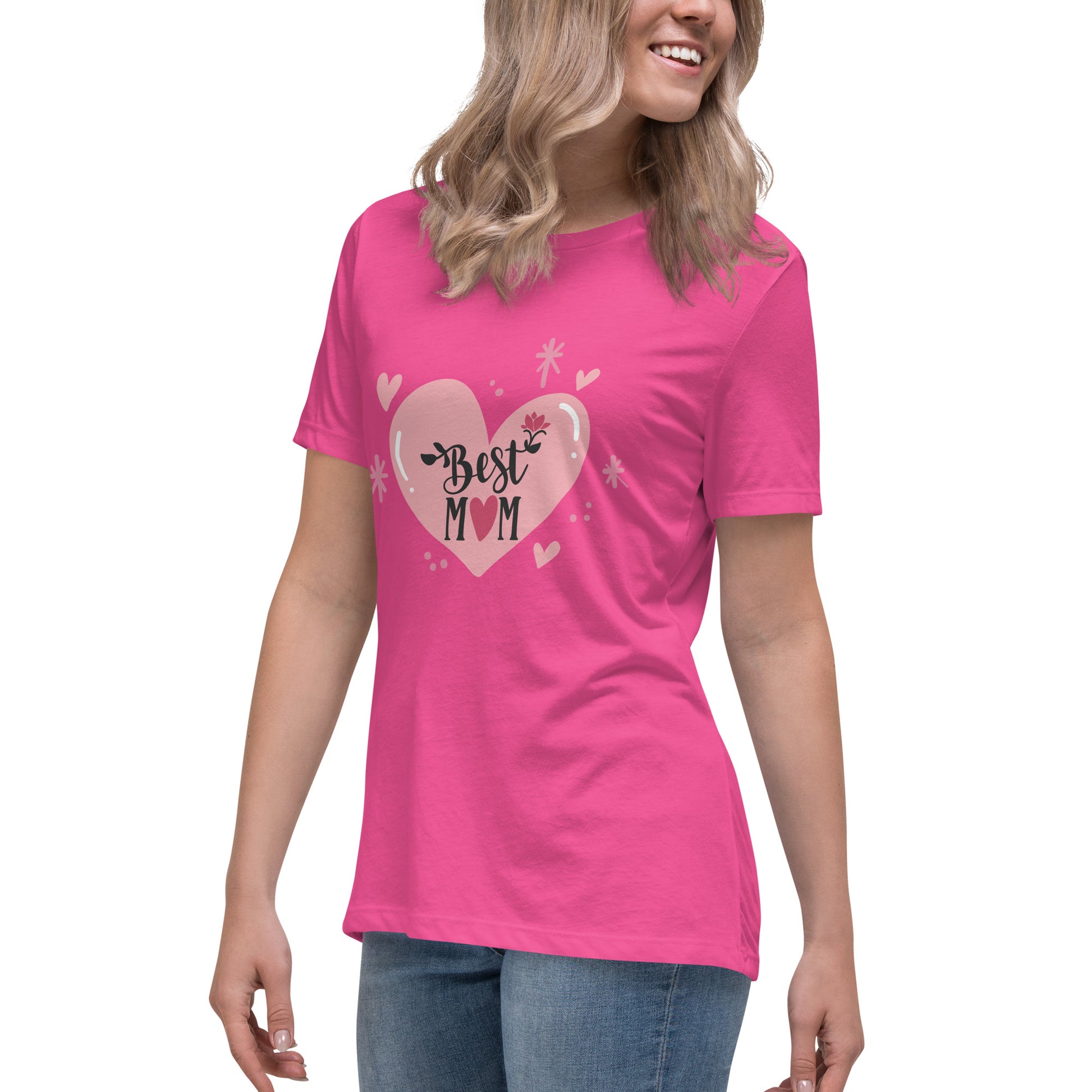 Women with berry t shirt with hart and text best MOM
