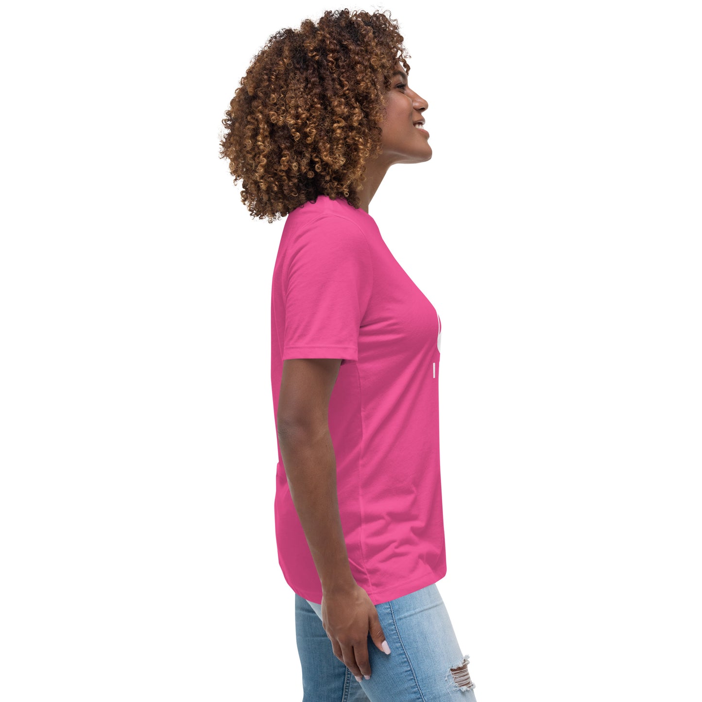 Woman with berry t-shirt with picture of "F1" key and text "I need help"