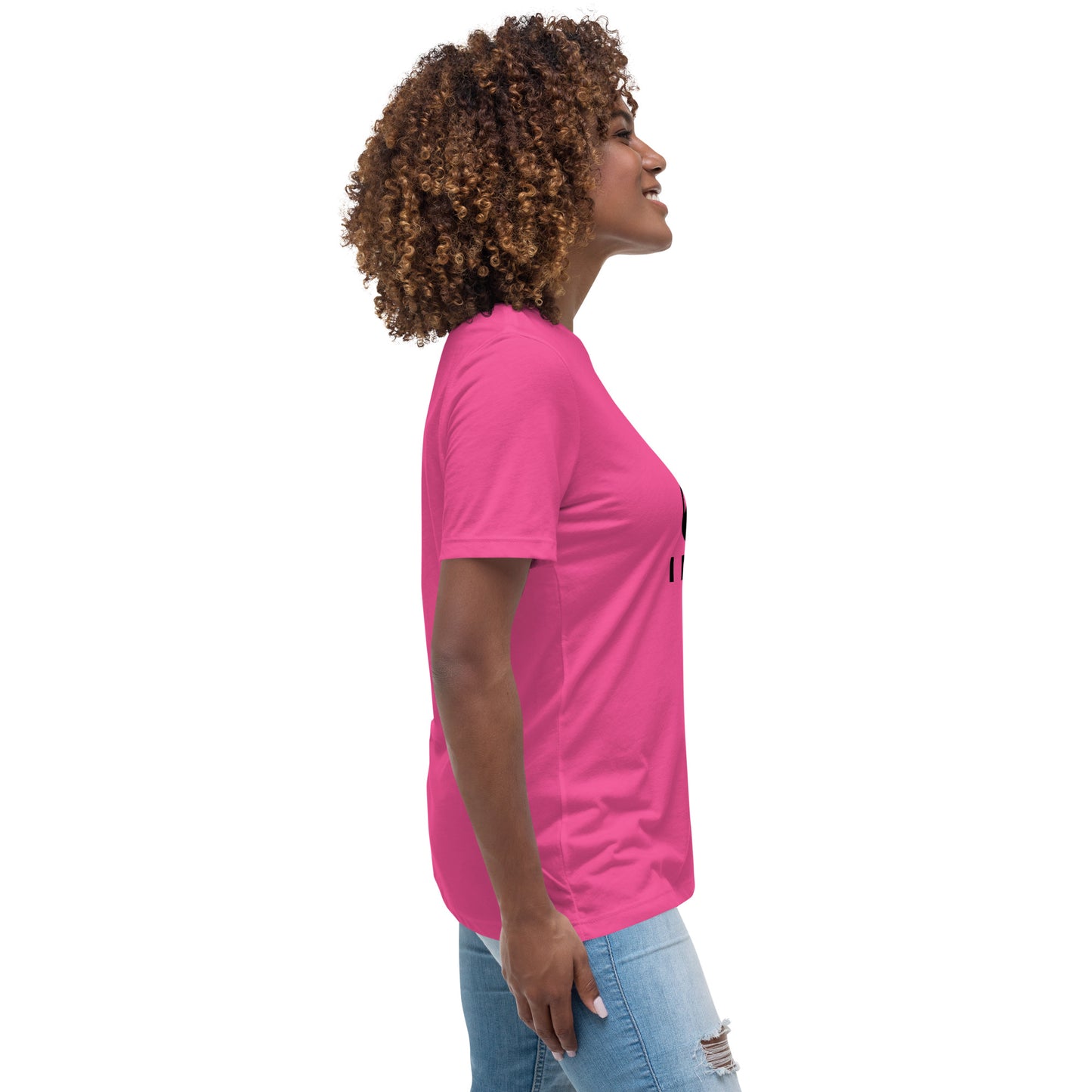 Woman with berry t-shirt with picture of "F1" key and text "I need help"