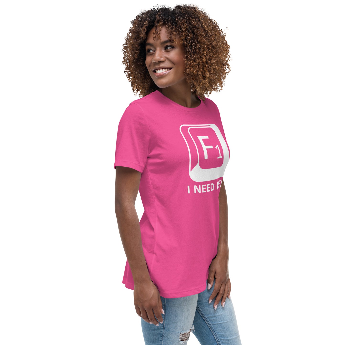 Woman with berry t-shirt with picture of "F1" key and text "I need help"