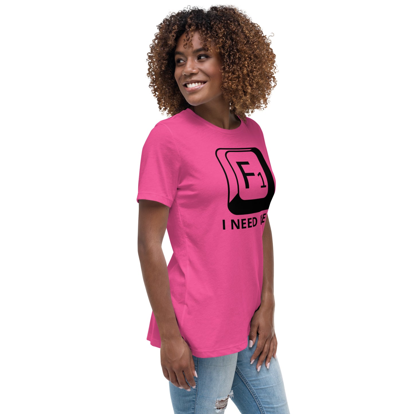 Woman with berry t-shirt with picture of "F1" key and text "I need help"