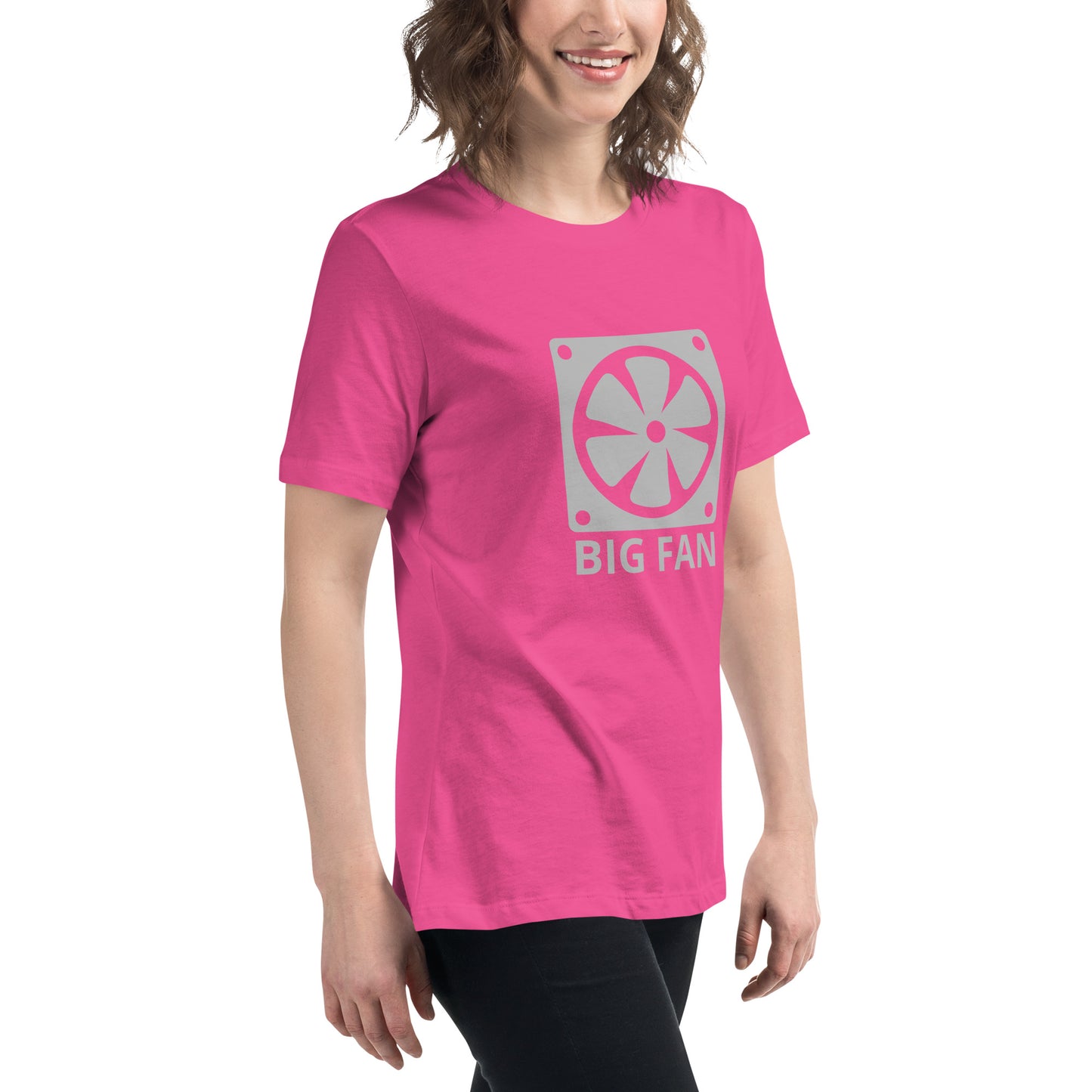 Women with berry t-shirt with image of a big computer fan and the text "BIG FAN"