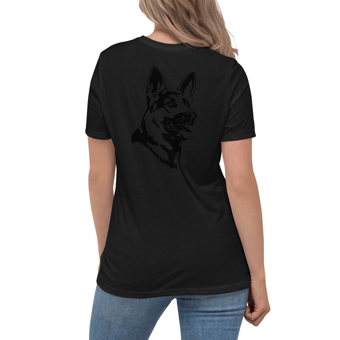 Women with black shirt with German shepherd
