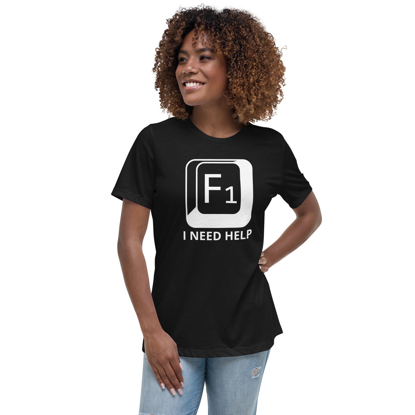 Woman with black t-shirt with picture of "F1" key and text "I need help"