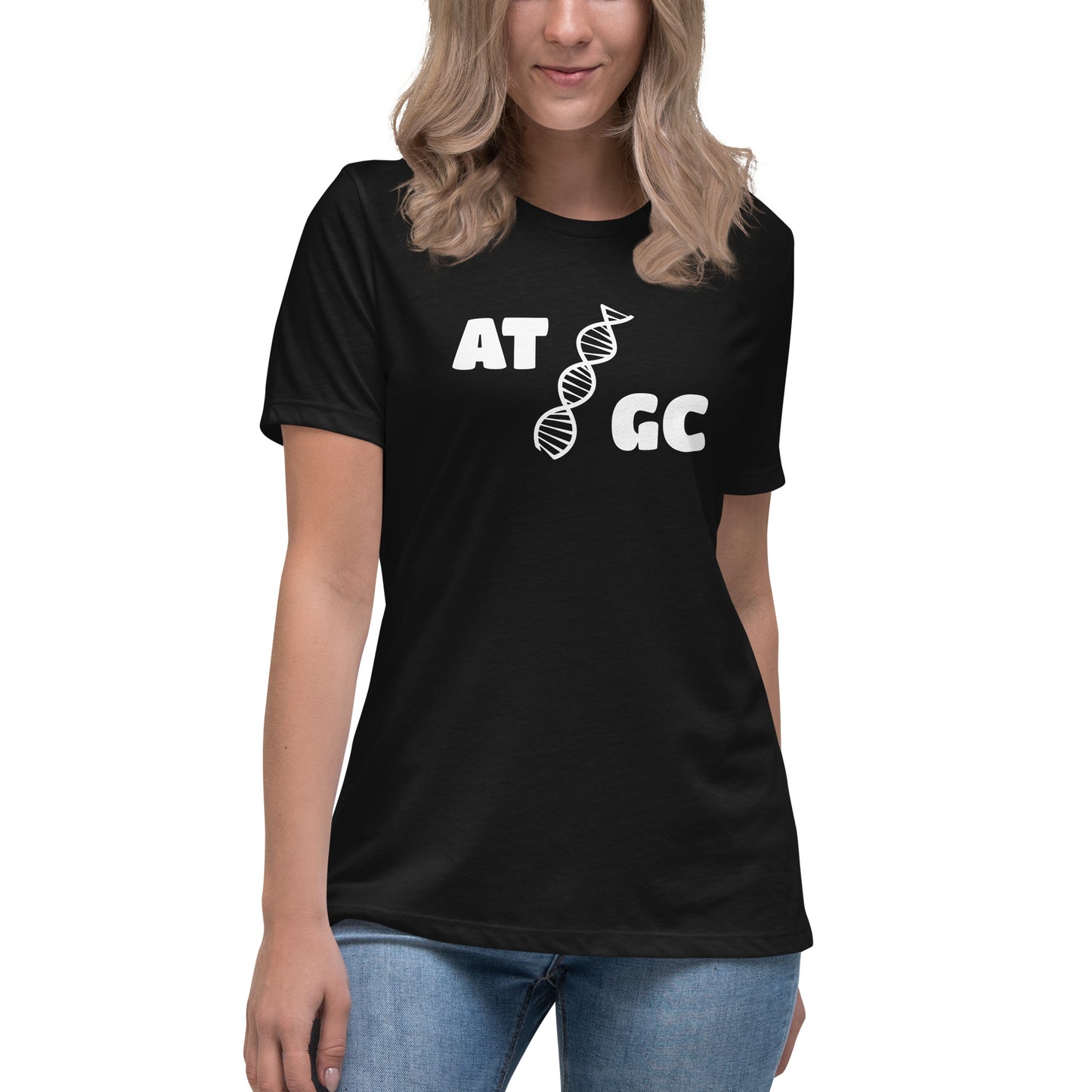 Women with black t-shirt with image of a DNA string and the text "ATGC"
