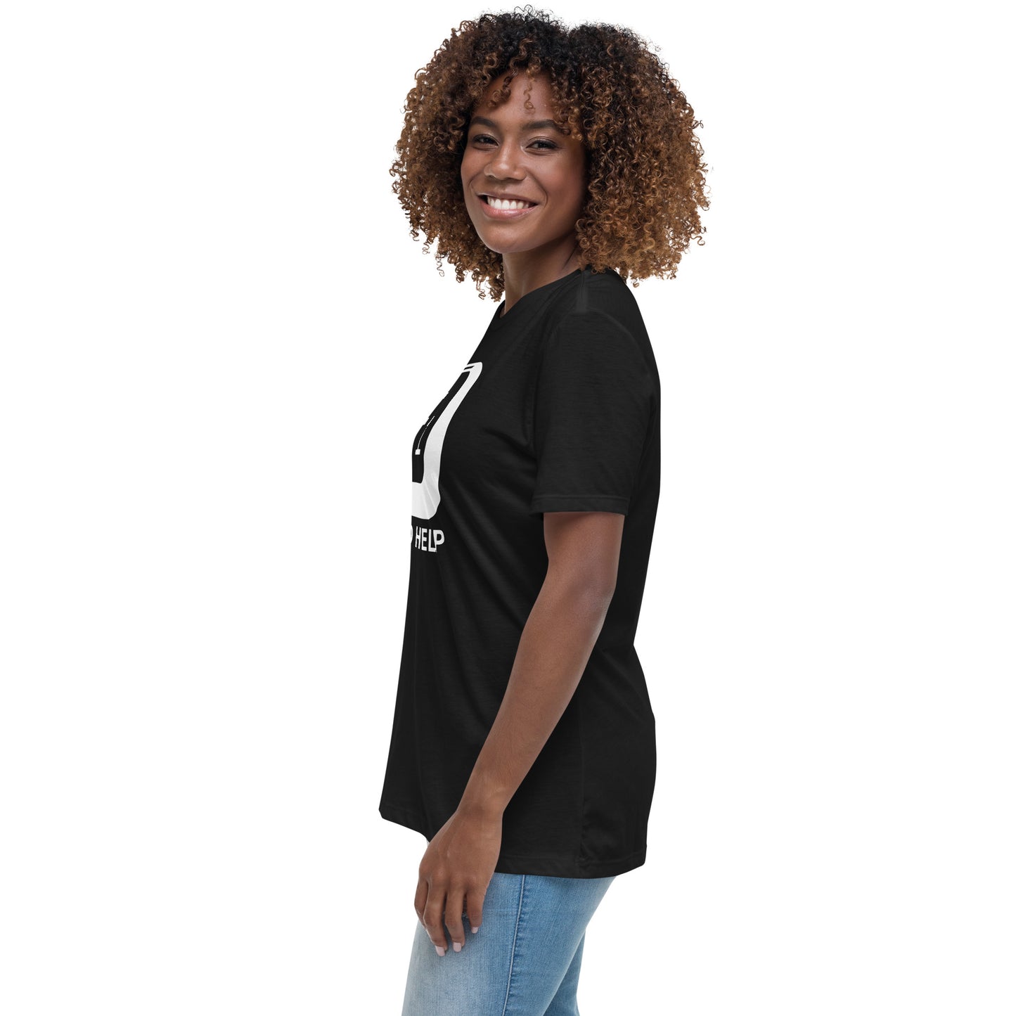 Woman with black t-shirt with picture of "F1" key and text "I need help"