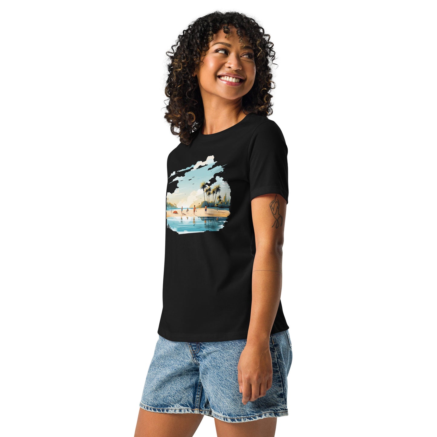 Women with black T-shirt and a picture of sea and sand