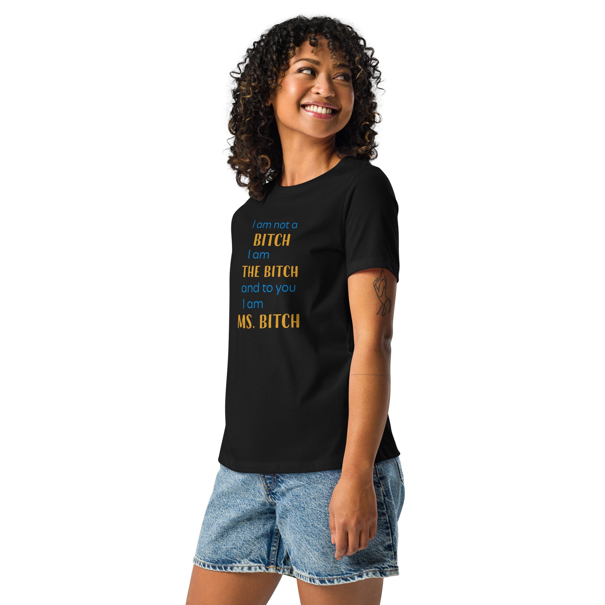 Women with black t-shirt with the text "to you I'm MS bitch"