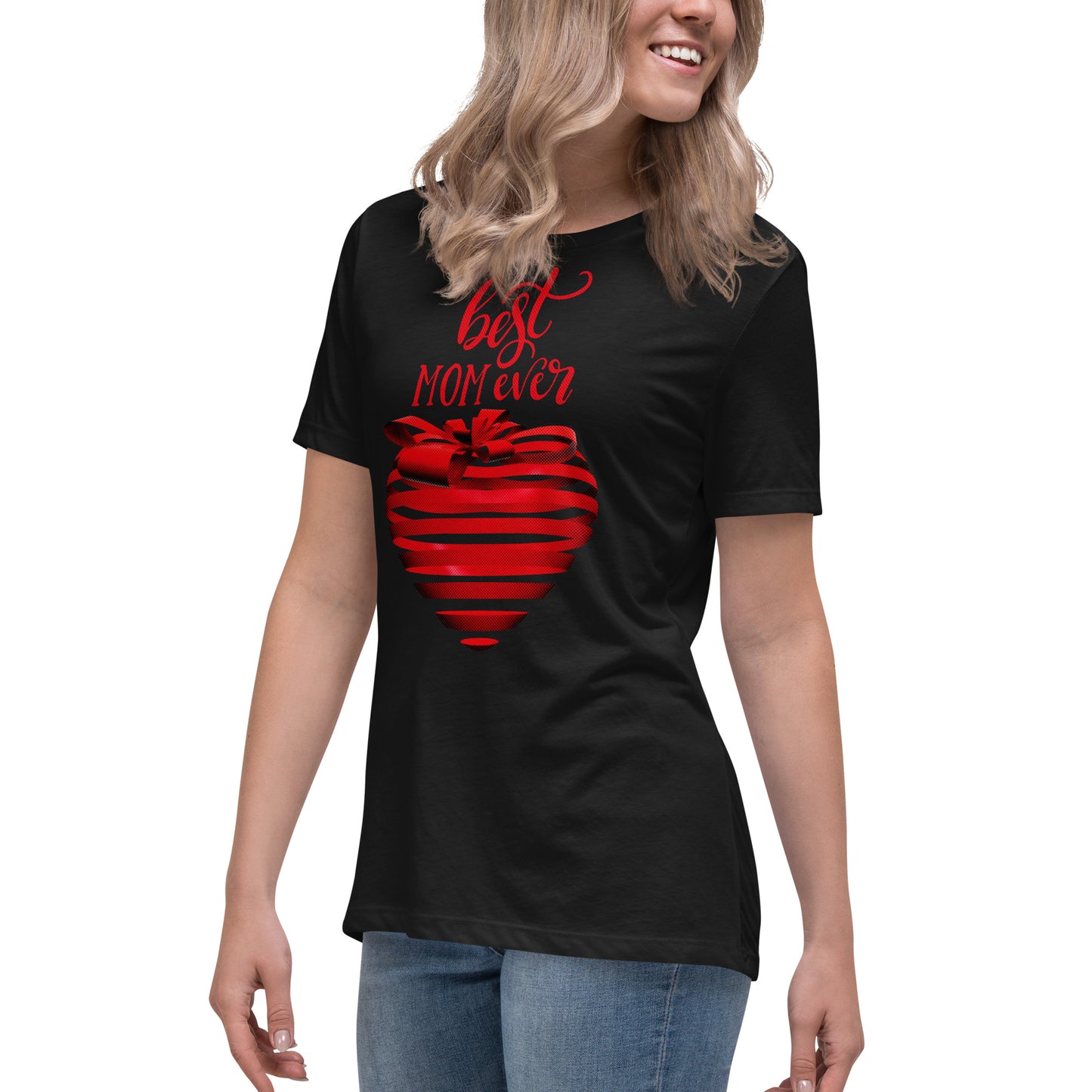 Women with black T-shirt with red text best MOM Ever and red heart