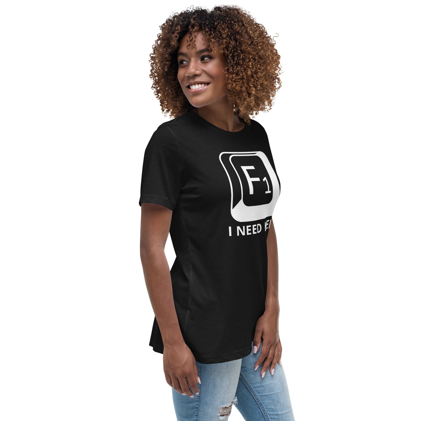 Woman with black t-shirt with picture of "F1" key and text "I need help"