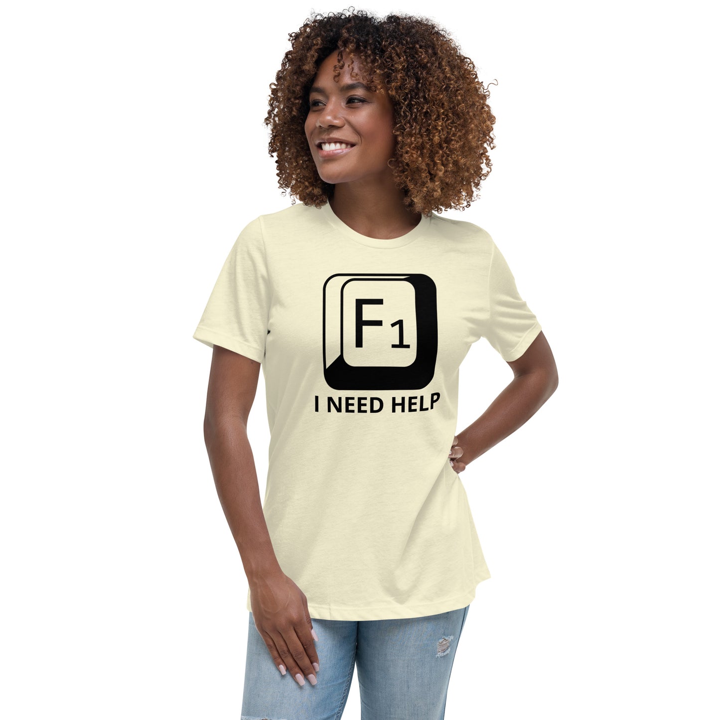 Woman with citron t-shirt with picture of "F1" key and text "I need help"