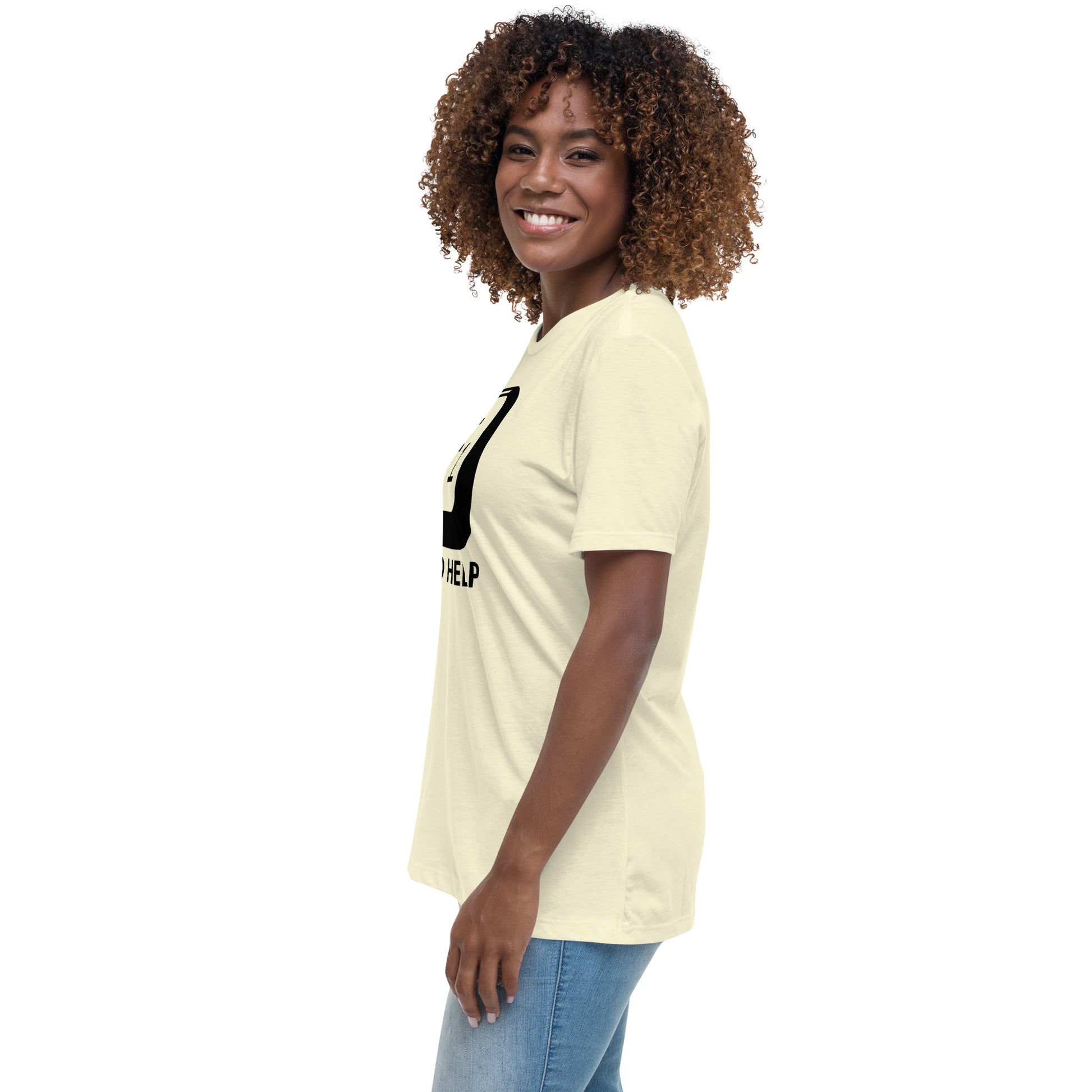 Woman with citron t-shirt with picture of "F1" key and text "I need help"