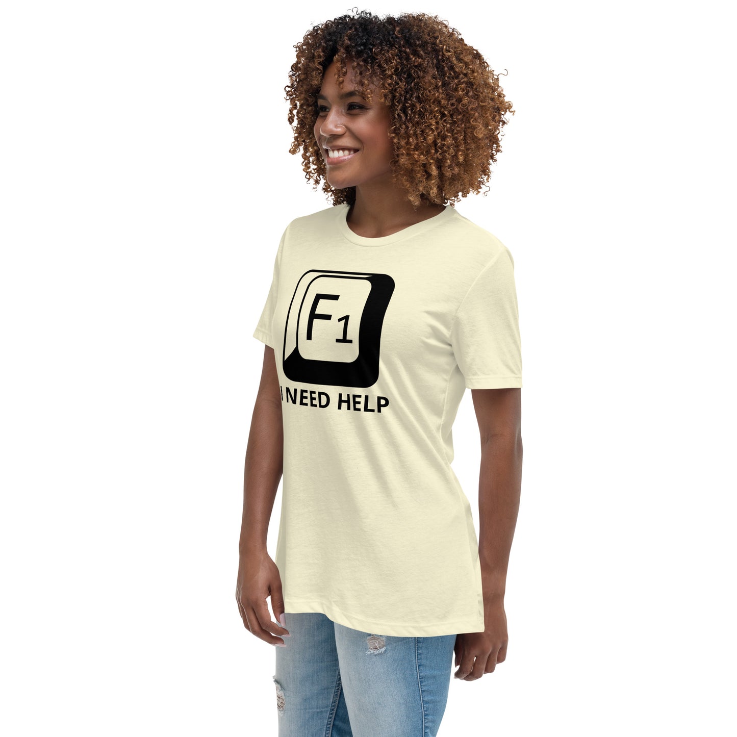 Woman with citron t-shirt with picture of "F1" key and text "I need help"