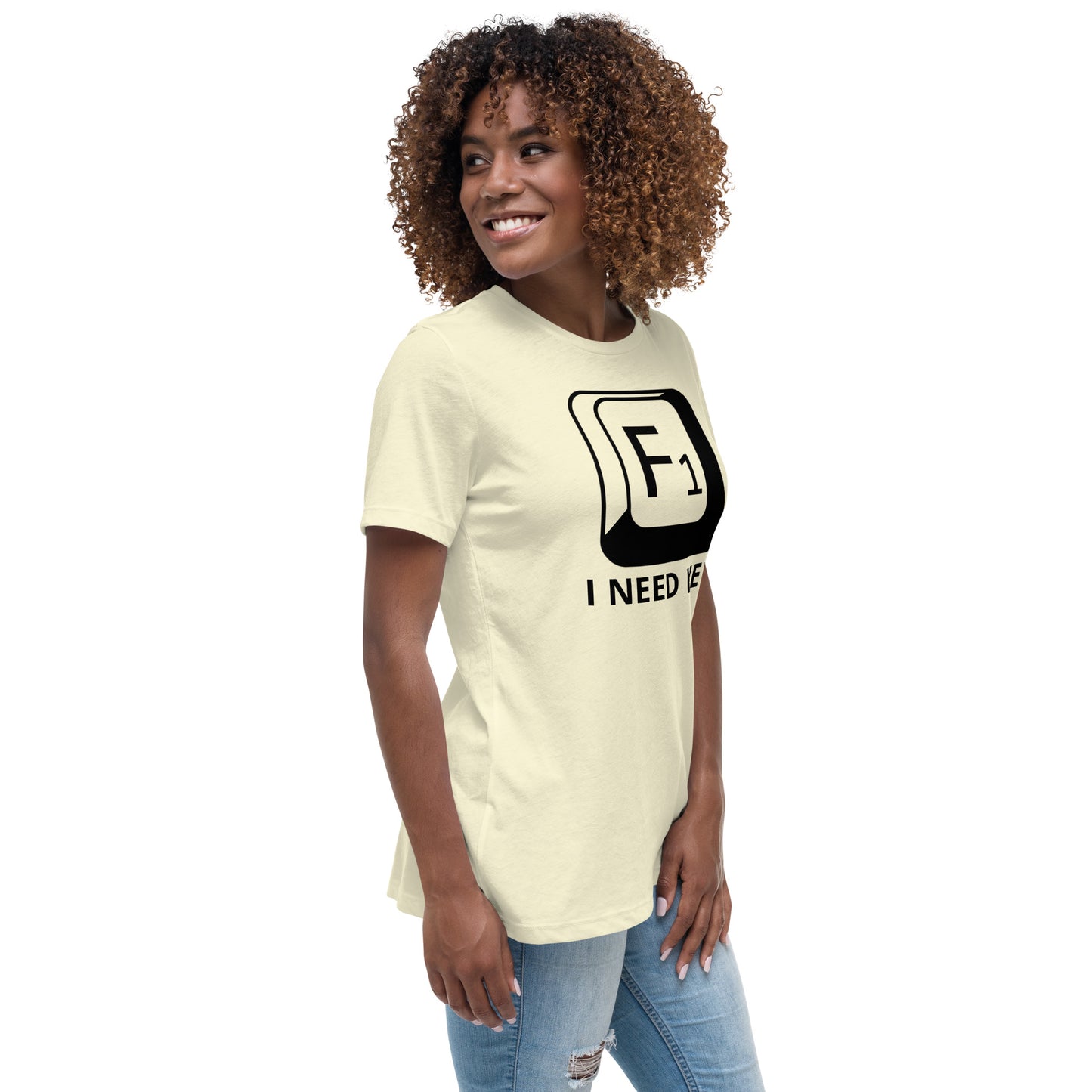 Woman with citron t-shirt with picture of "F1" key and text "I need help"