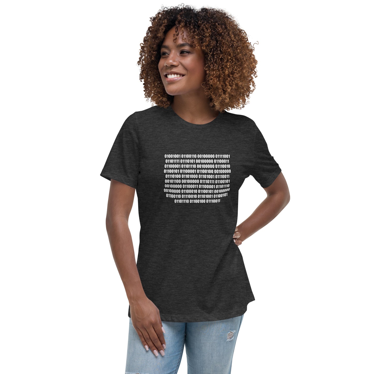 Woman with dark grey t-shirt with binary code "If you can read this"