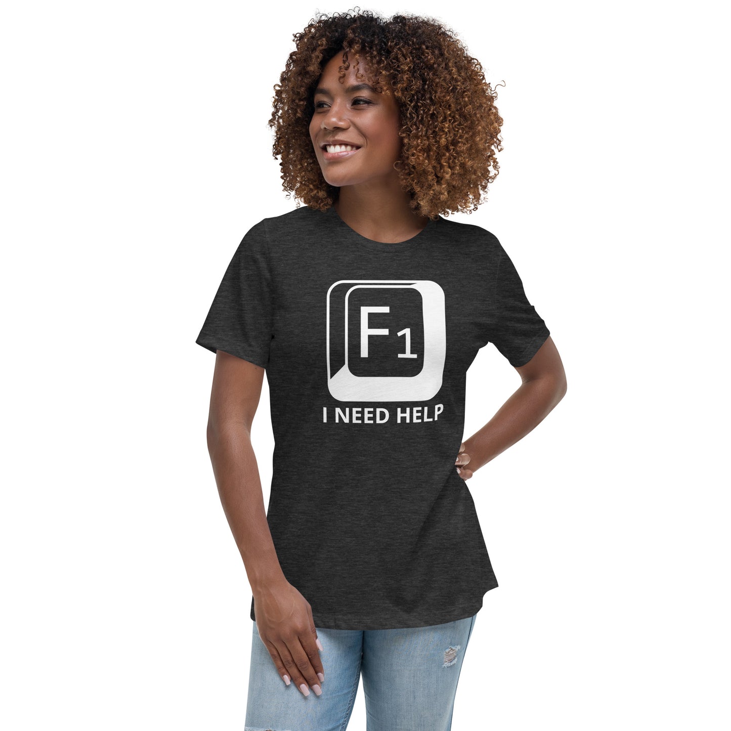 Woman with dark grey t-shirt with picture of "F1" key and text "I need help"