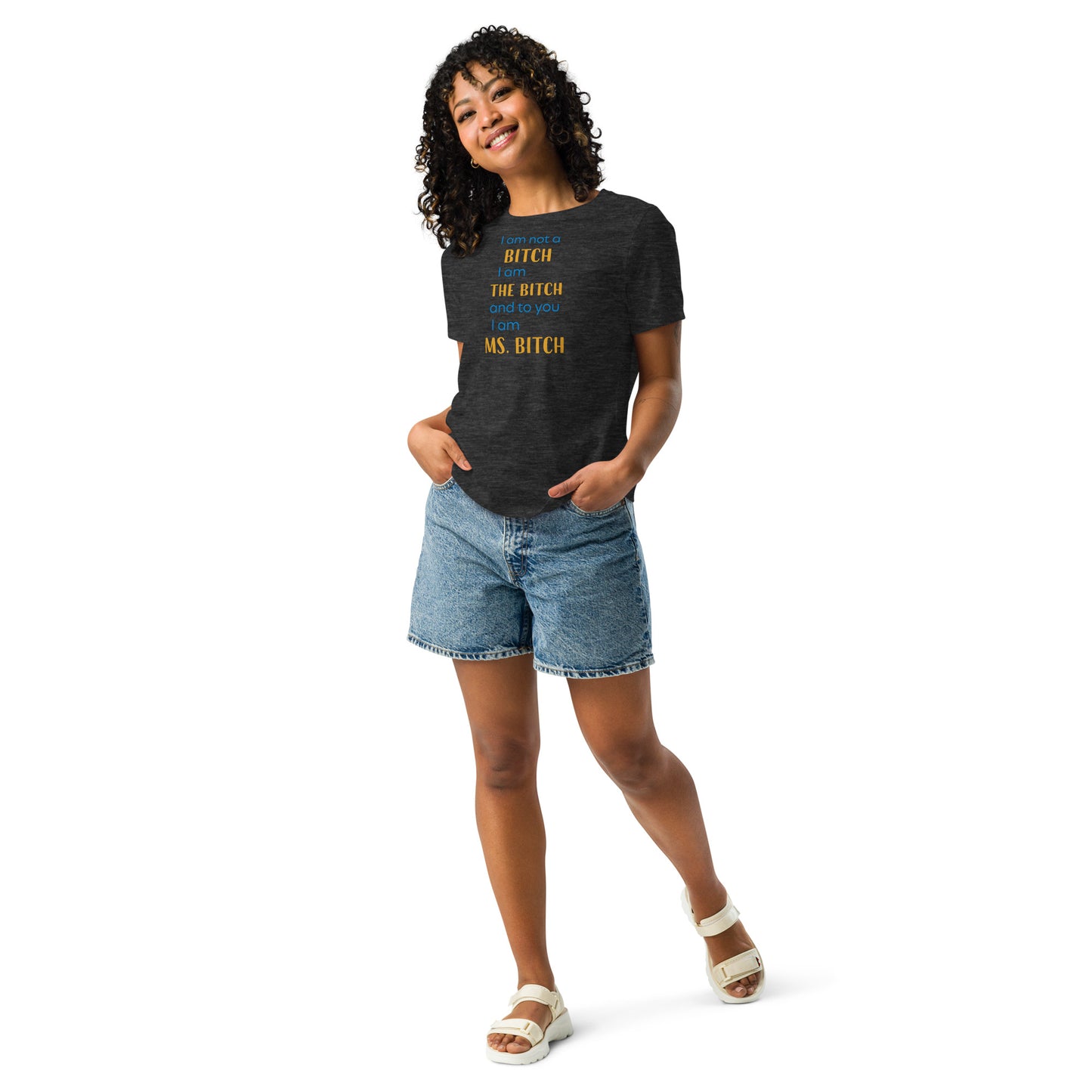 Women with dark grey t-shirt with the text "to you I'm MS bitch"