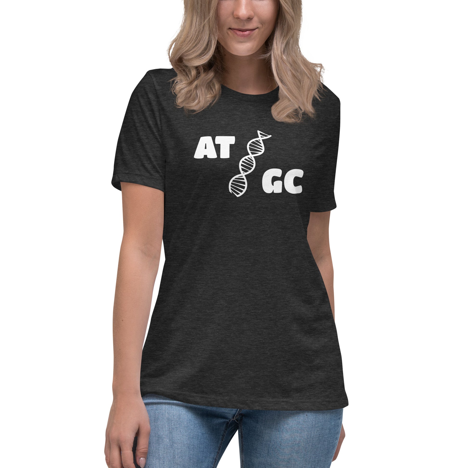 Women with dark grey t-shirt with image of a DNA string and the text "ATGC"