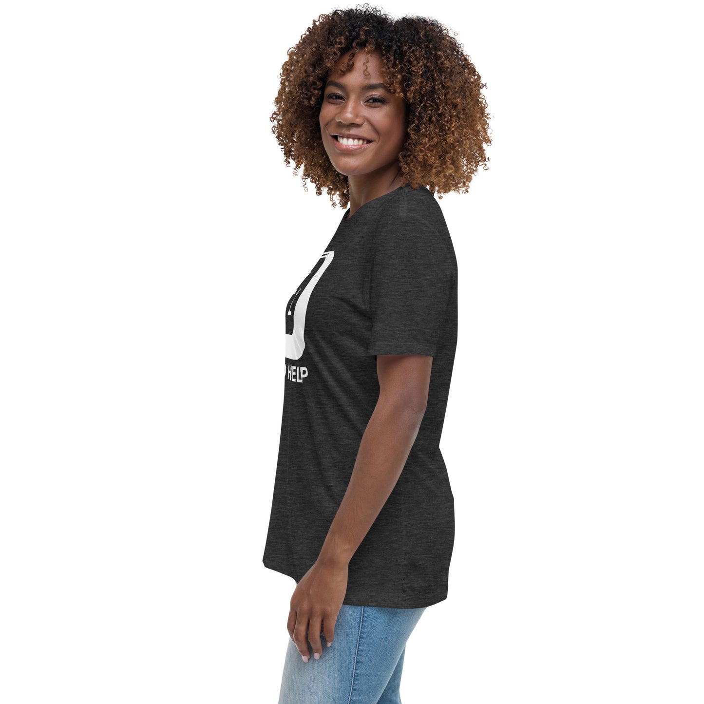 Woman with dark grey t-shirt with picture of "F1" key and text "I need help"