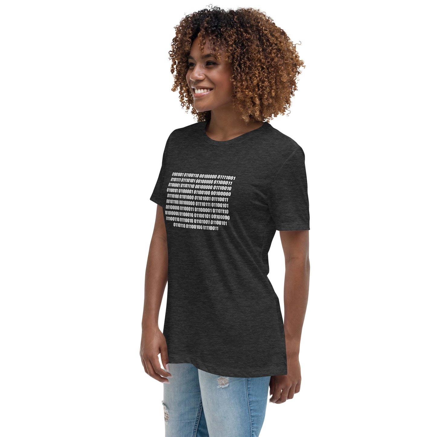 Woman with dark grey t-shirt with binary code "If you can read this"