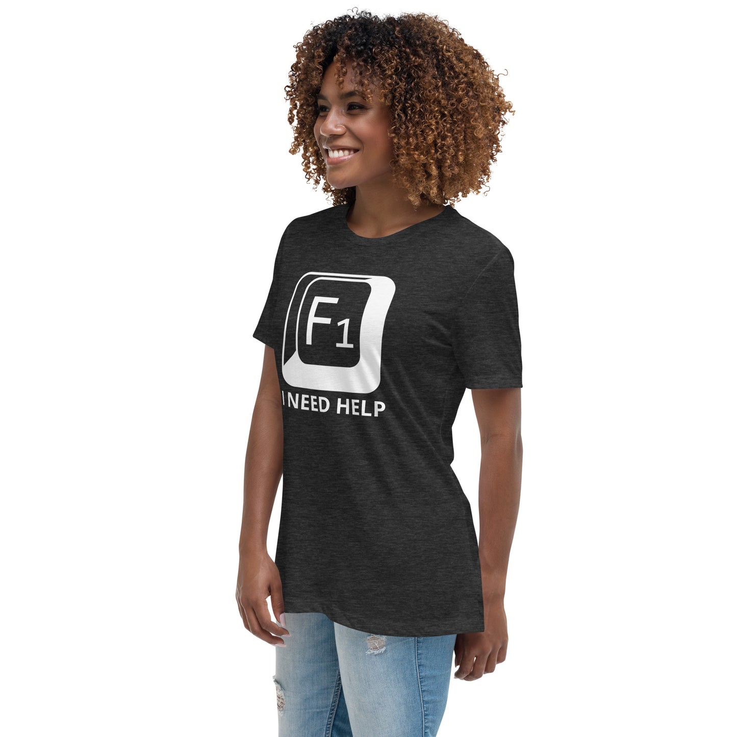 Woman with dark grey t-shirt with picture of "F1" key and text "I need help"
