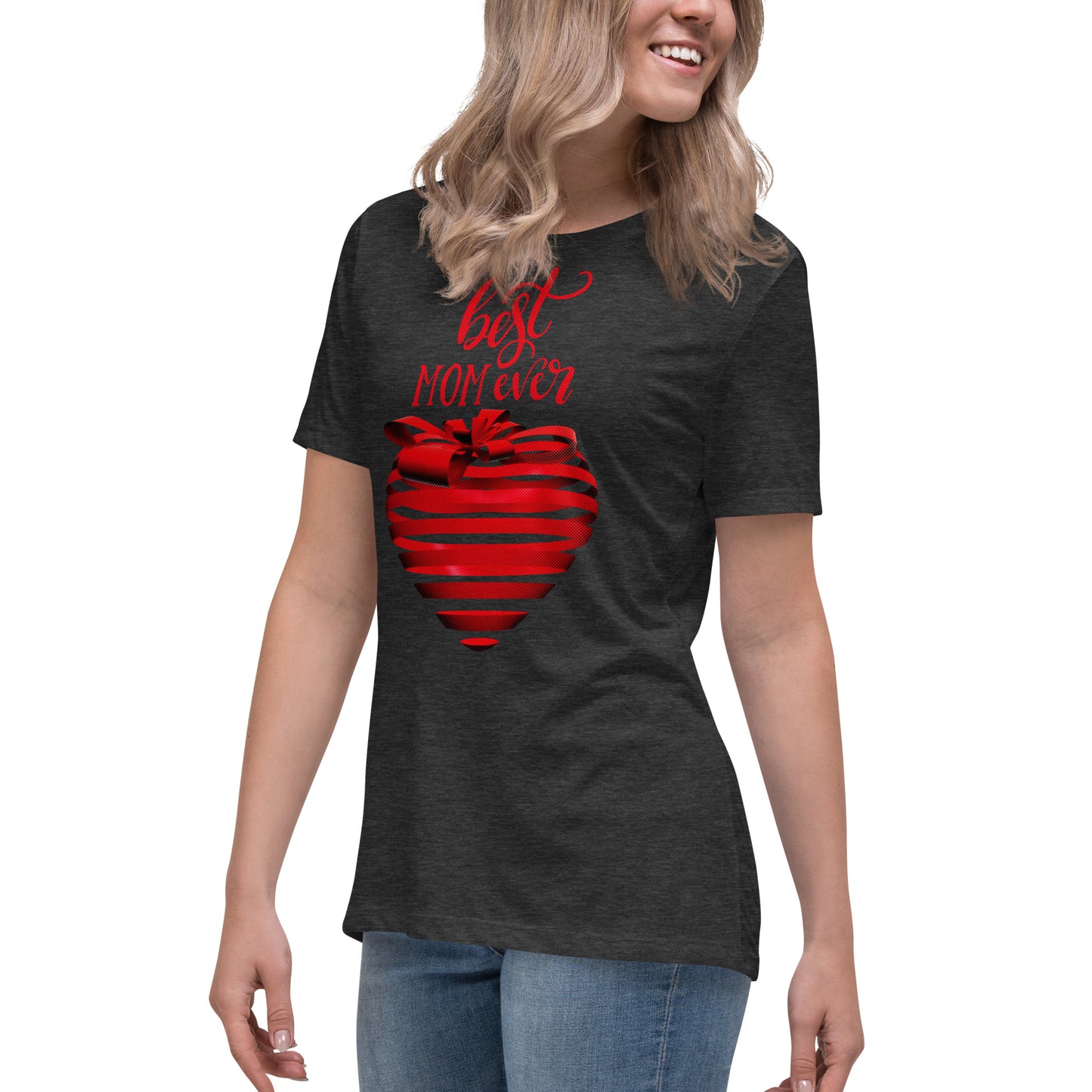 Women with dark grey T-shirt with red text best MOM Ever and red heart