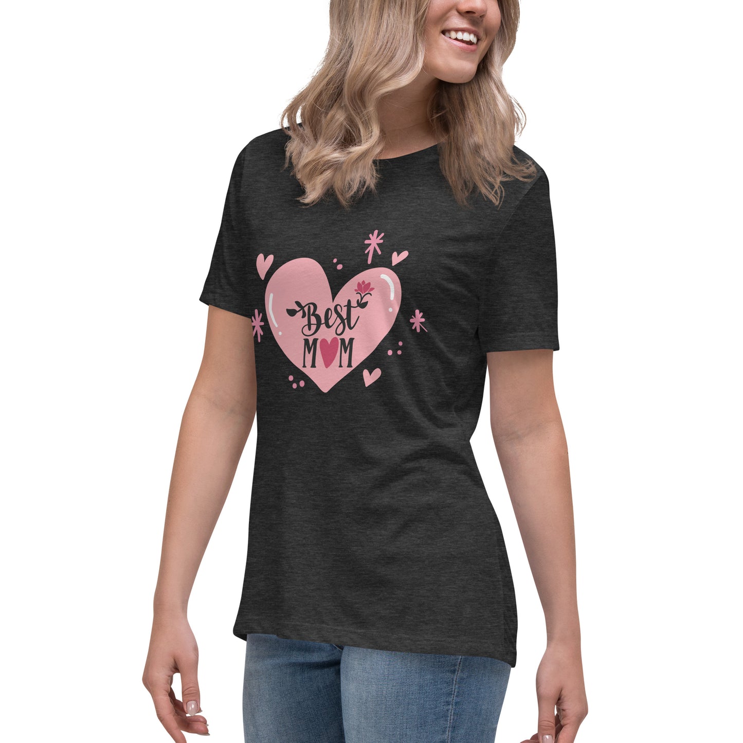 Women with dark grey t shirt with hart and text best MOM