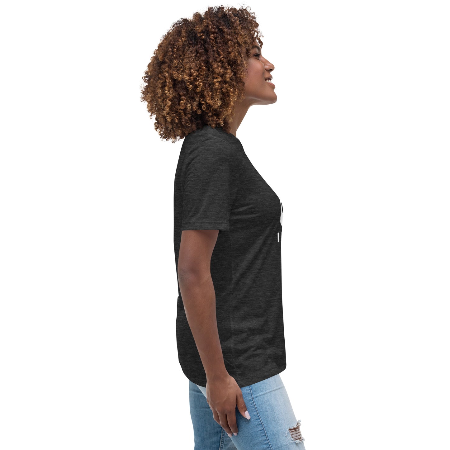 Woman with dark grey t-shirt with picture of "F1" key and text "I need help"