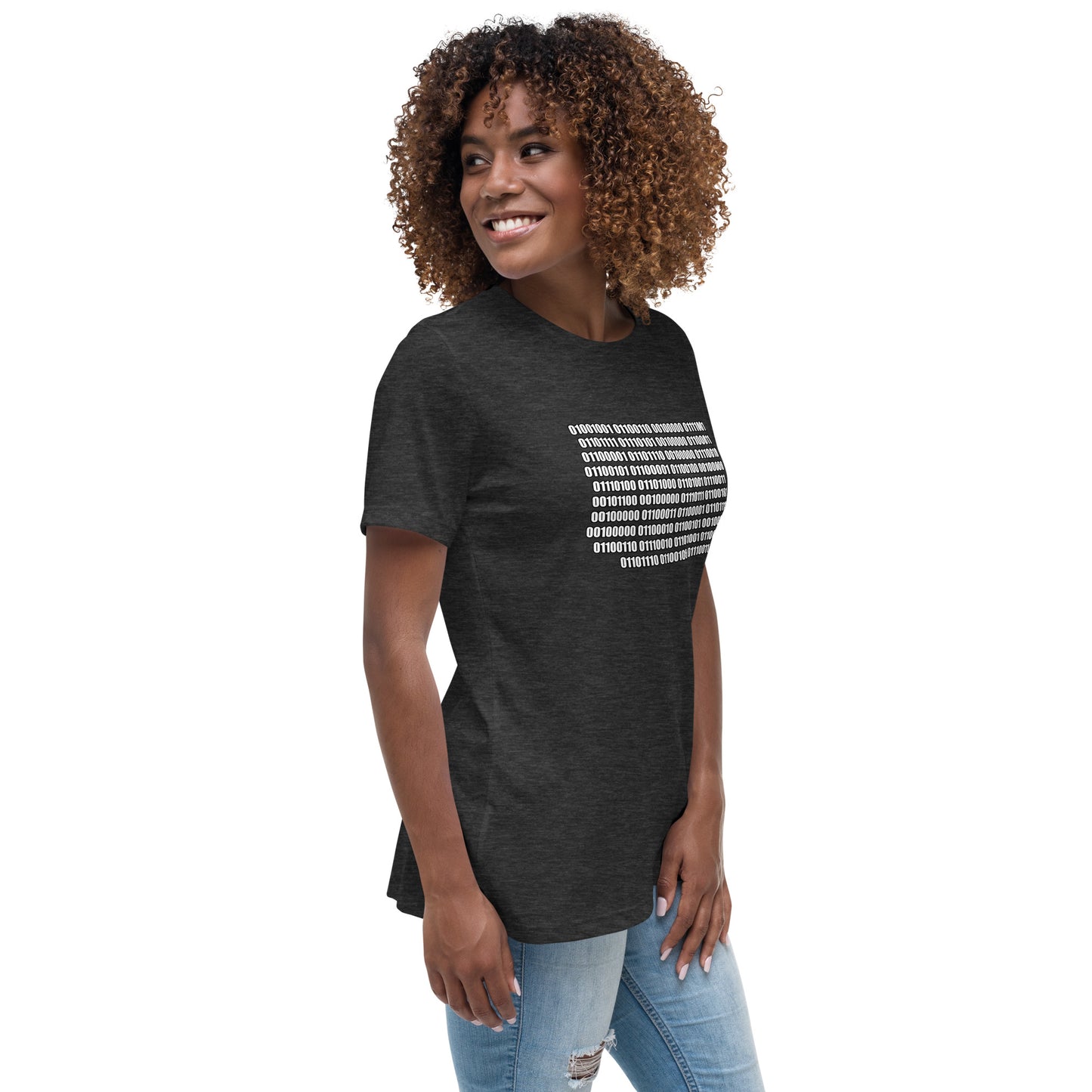 Woman with dark grey t-shirt with binary code "If you can read this"
