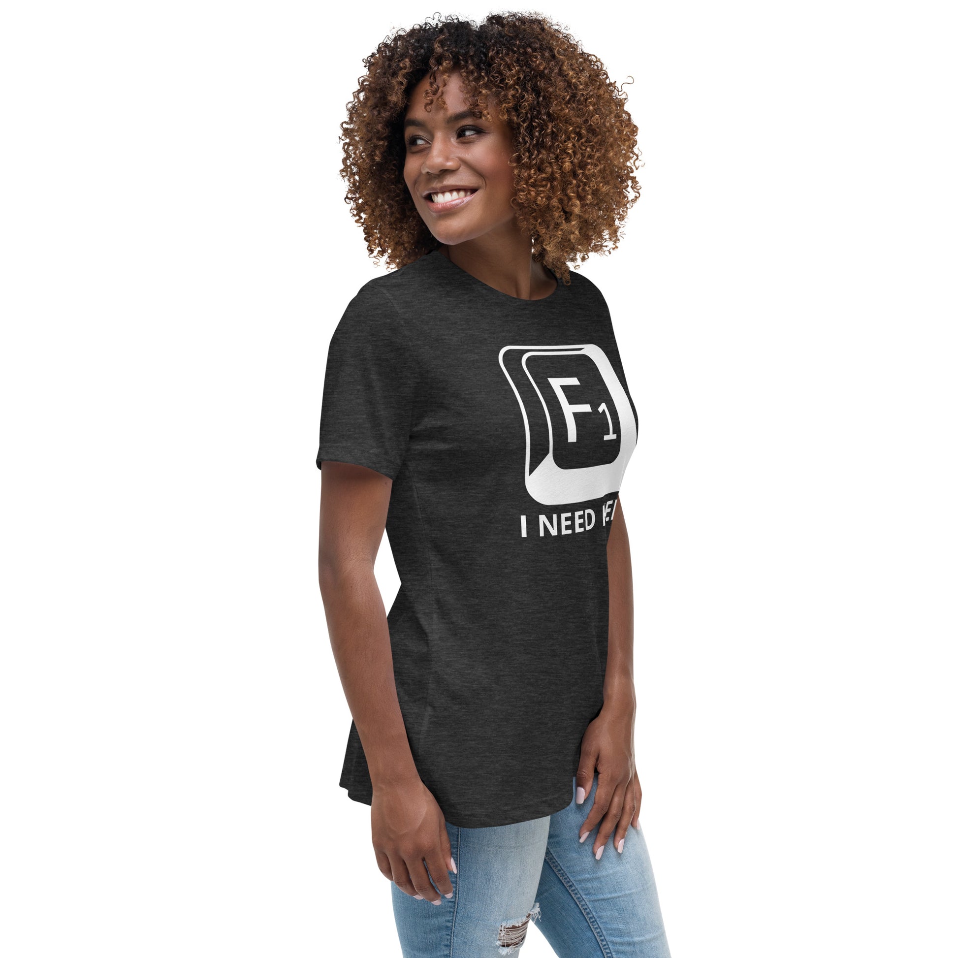 Woman with dark grey t-shirt with picture of "F1" key and text "I need help"