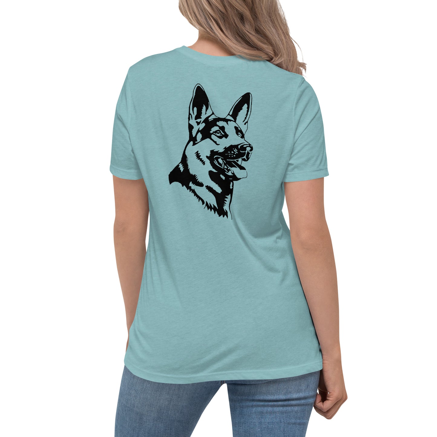 Women with blue lagoon shirt with German shepherd