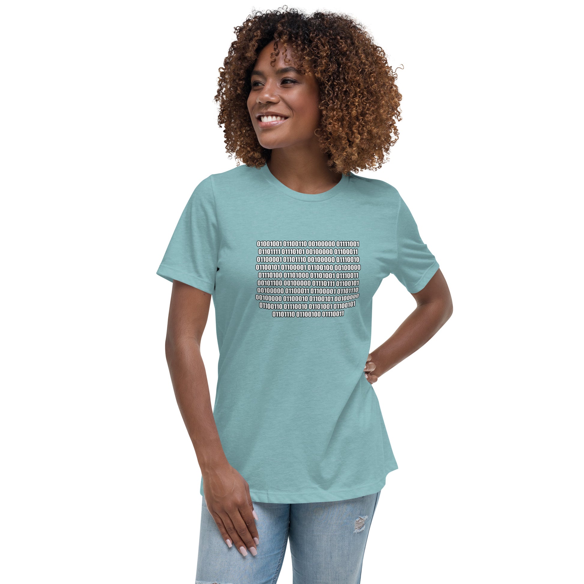 Woman with blue lagoon t-shirt with binary code "If you can read this"