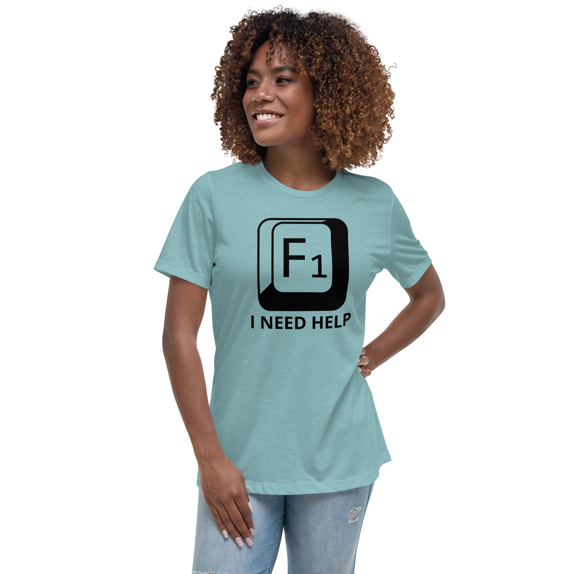 Woman with lagoon blue t-shirt with picture of "F1" key and text "I need help"