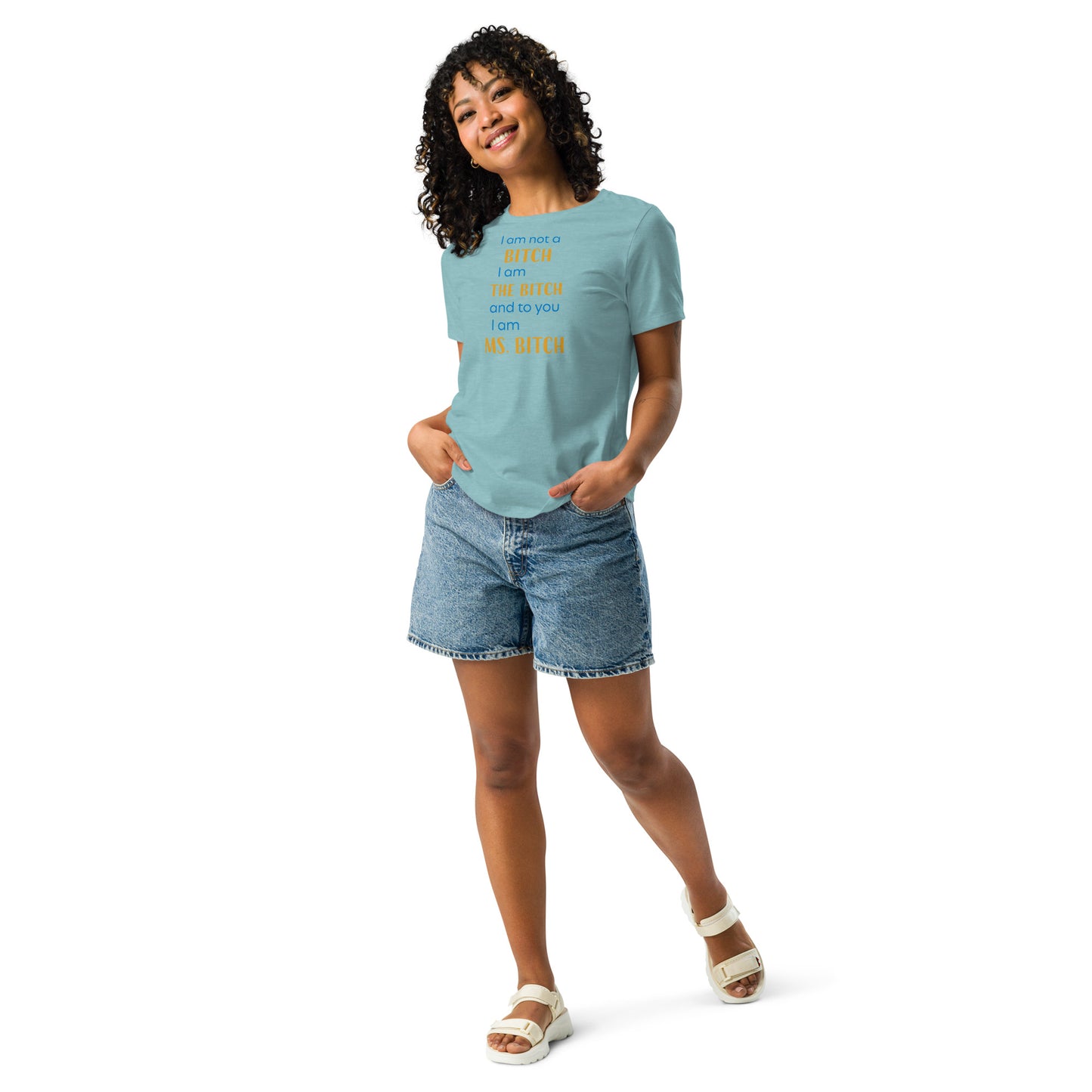 Women with blue lagoon t-shirt with the text "to you I'm MS bitch"