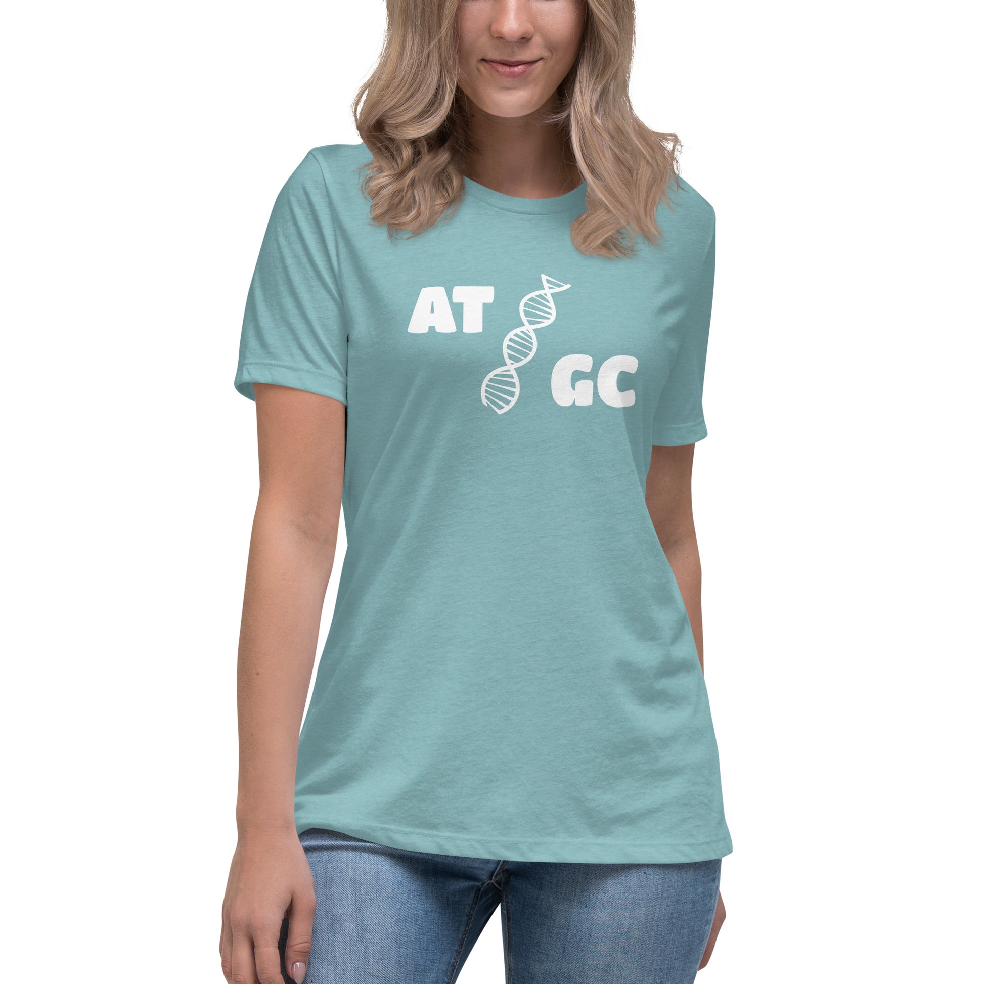 Women with blue lagoon t-shirt with image of a DNA string and the text "ATGC"