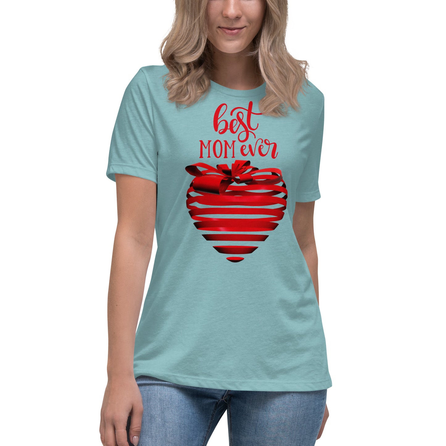 Women with blue lagoon T-shirt with red text best MOM Ever and red heart