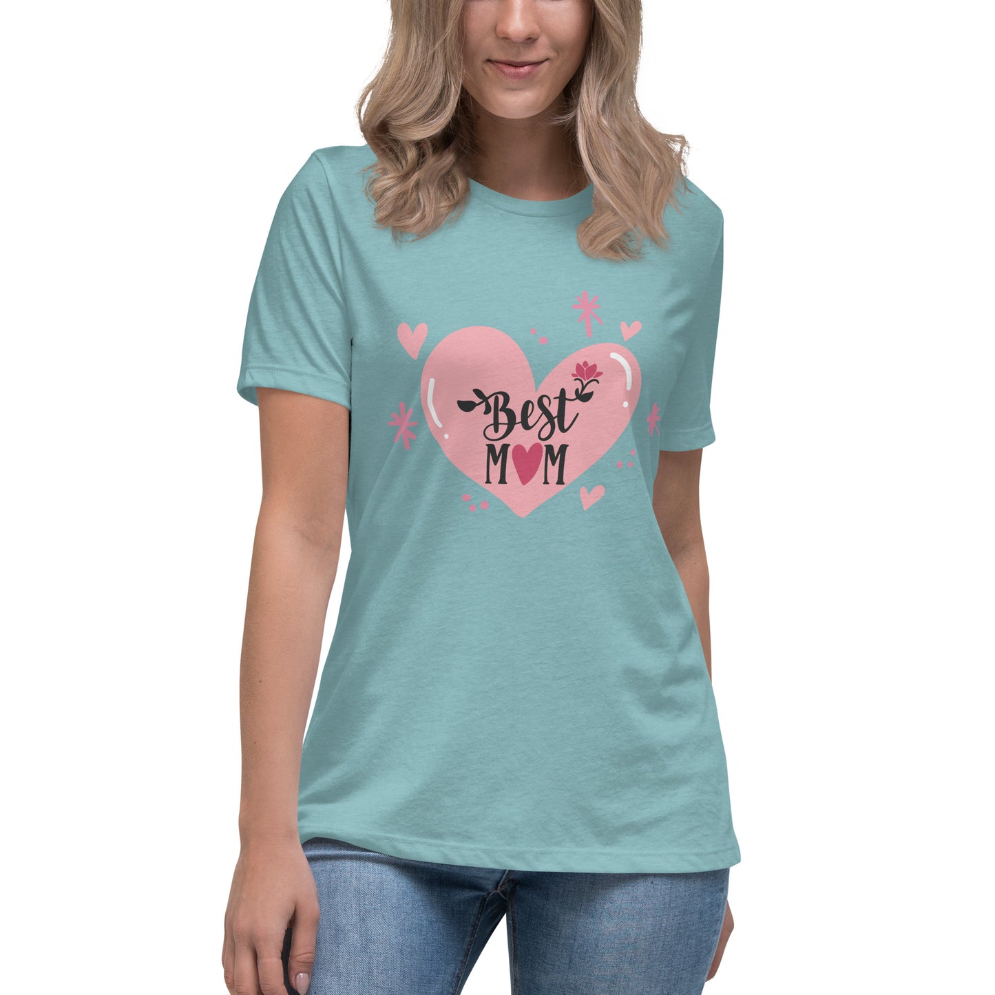 Women with blue lagoon t shirt with hart and text best MOM