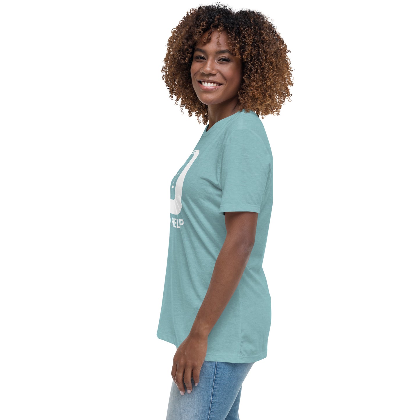 Woman with blue lagoon t-shirt with picture of "F1" key and text "I need help"
