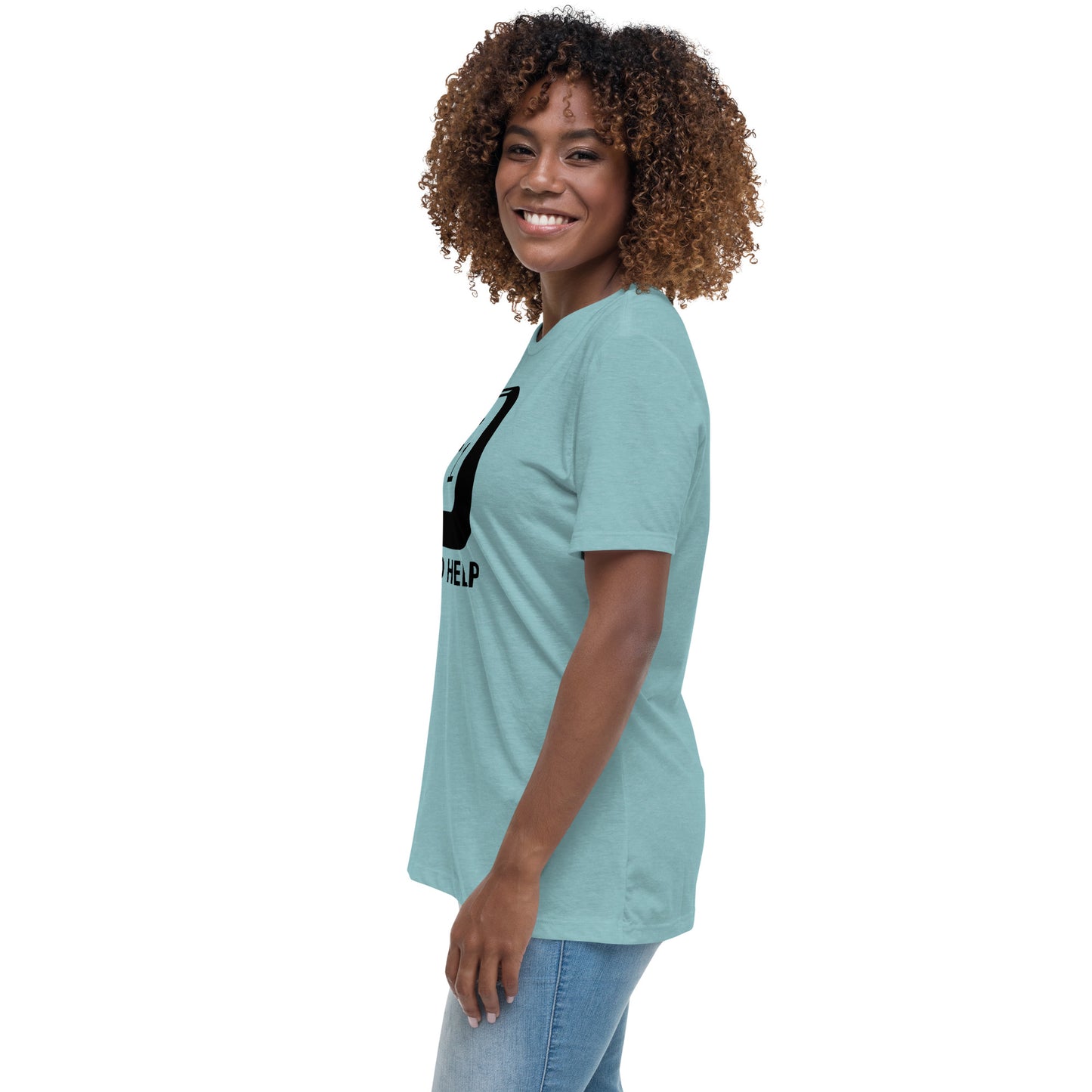 Woman with lagoon blue t-shirt with picture of "F1" key and text "I need help"