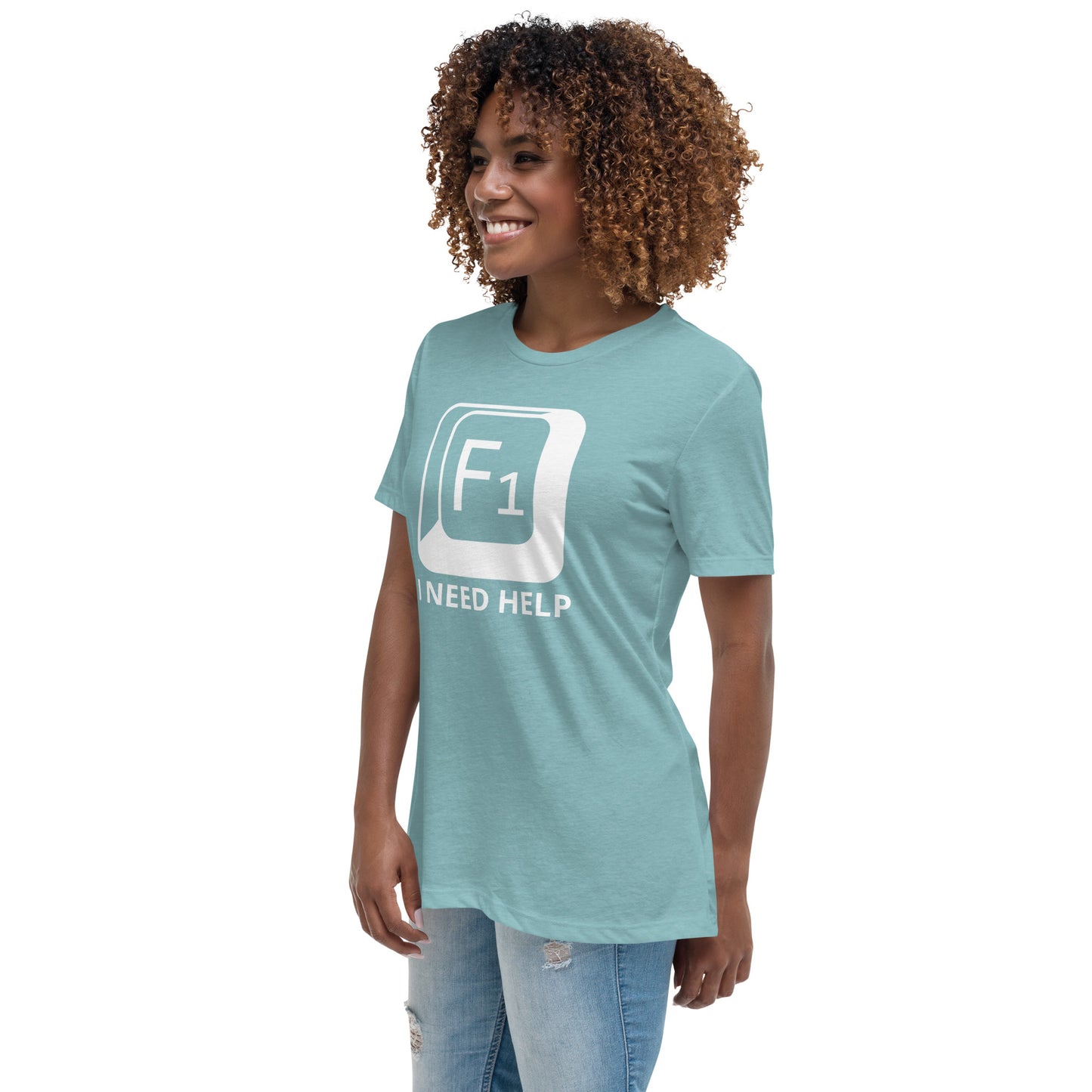 Woman with blue lagoon t-shirt with picture of "F1" key and text "I need help"