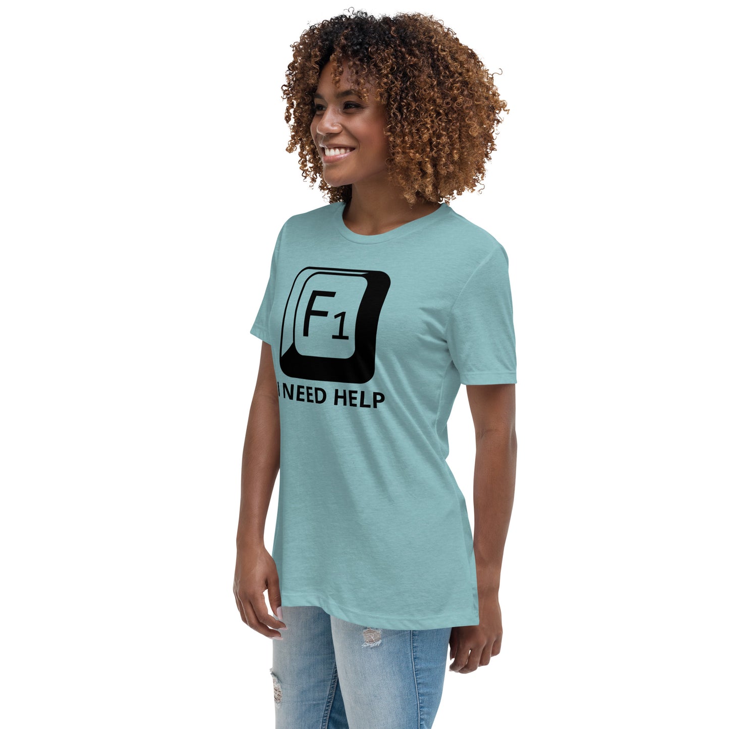 Woman with lagoon blue t-shirt with picture of "F1" key and text "I need help"